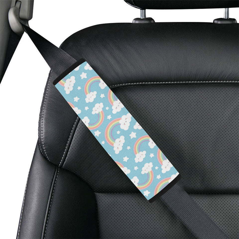 Cute rainbow clound star pattern blue background Car Seat Belt Cover