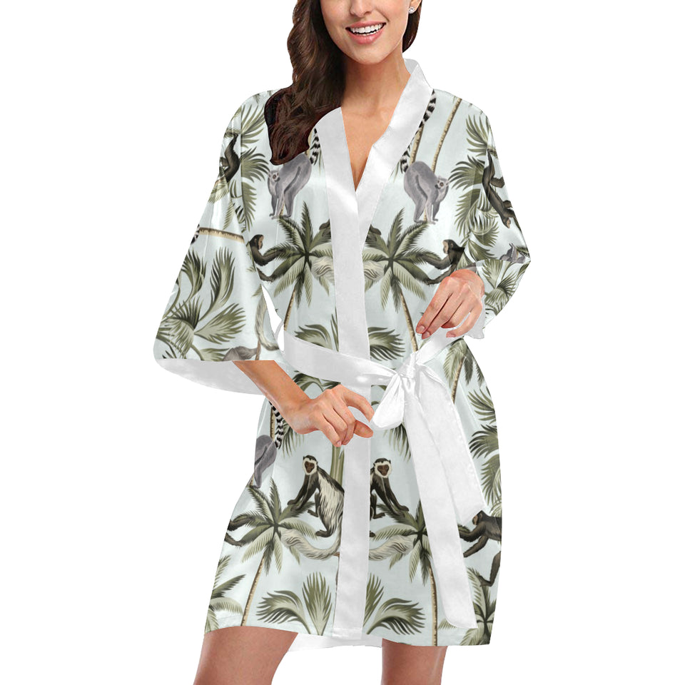 Monkey sloth lemur palm trees pattern Women's Short Kimono Robe