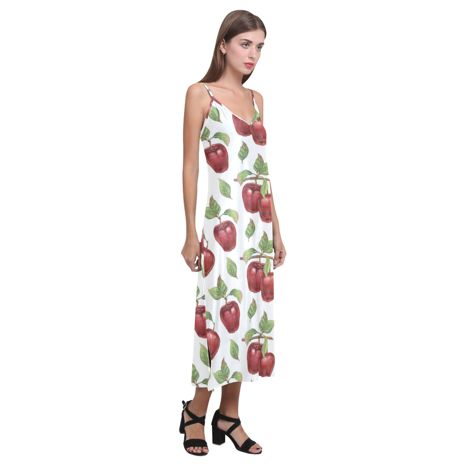 Red apples pattern V-Neck Open Fork Long Dress