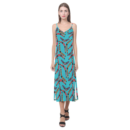 Boomerang Australian aboriginal ornament blue back V-Neck Open Fork Long Dress