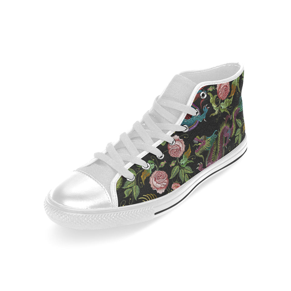 Dragons flower pattern Men's High Top Canvas Shoes White
