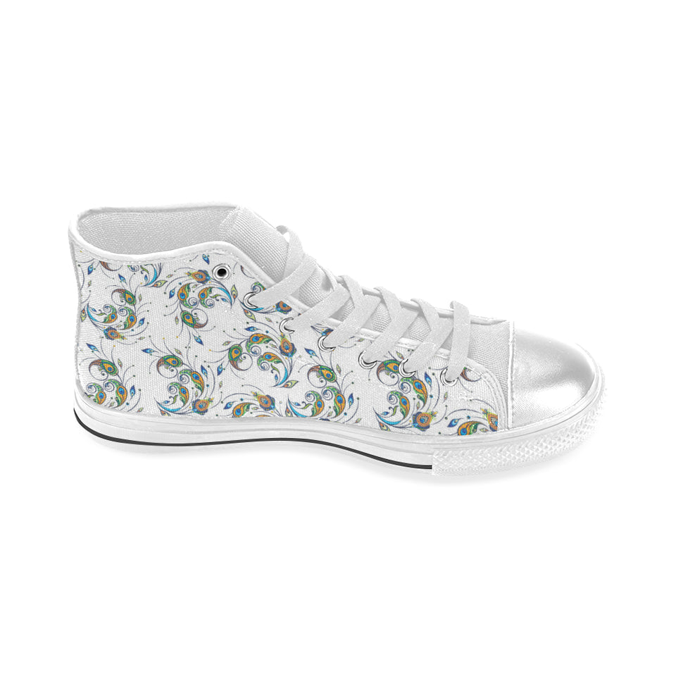 Peacock feather pattern Women's High Top Canvas Shoes White