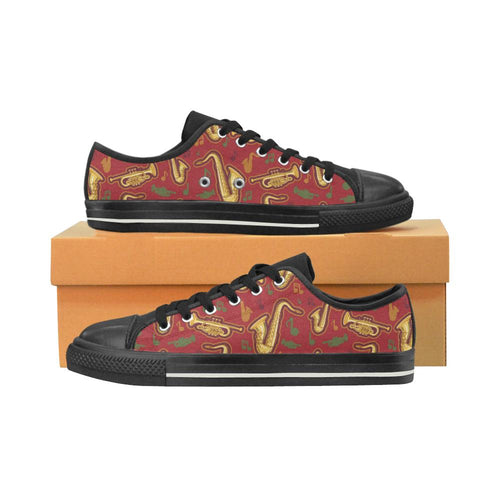 Saxophone cornet pattern red background Kids' Boys' Girls' Low Top Canvas Shoes Black