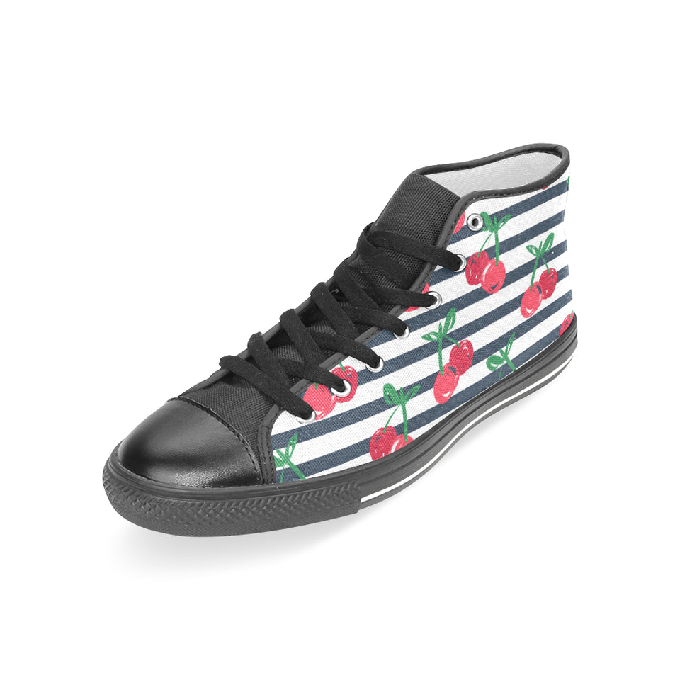 Hand drawn cherry pattern striped background Women's High Top Canvas Shoes Black