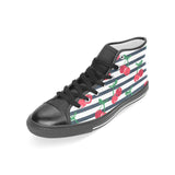 Hand drawn cherry pattern striped background Women's High Top Canvas Shoes Black