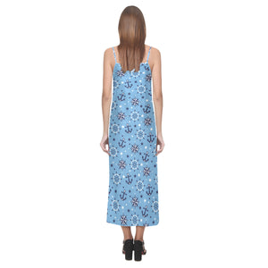 Anchors rudder compass star nautical pattern V-Neck Open Fork Long Dress