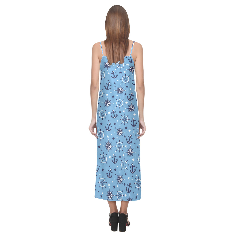 Anchors rudder compass star nautical pattern V-Neck Open Fork Long Dress