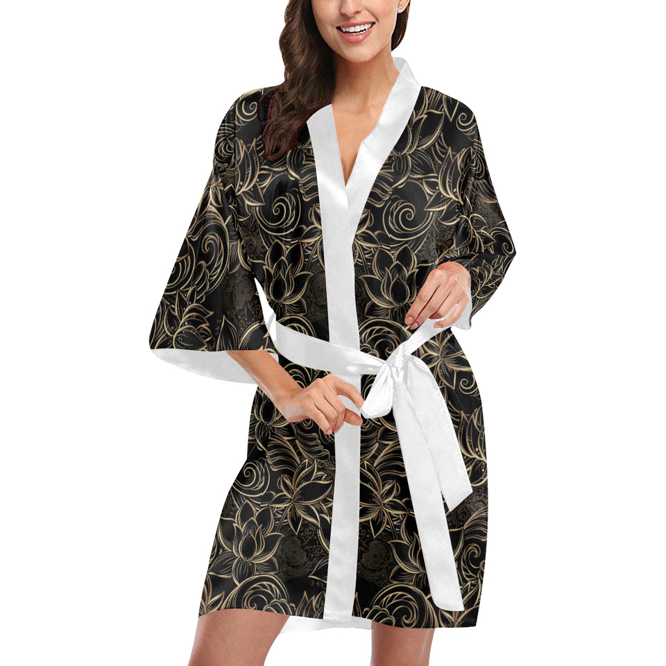 luxurious gold lotus waterlily black background Women's Short Kimono Robe