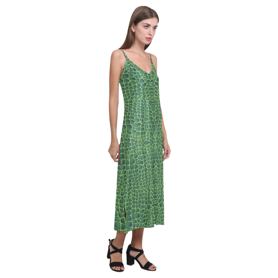 Crocodile Skin Printed V-Neck Open Fork Long Dress