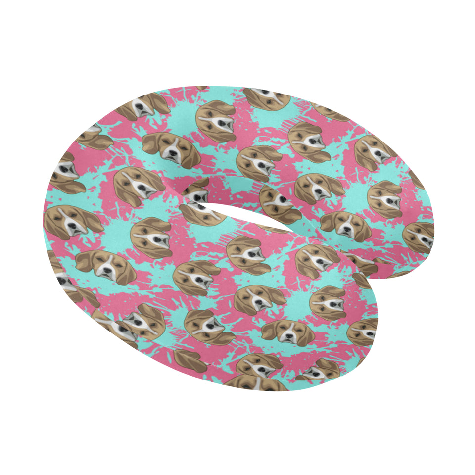 Beagle muzzles turquoise paint splashes pink patte U-Shaped Travel Neck Pillow