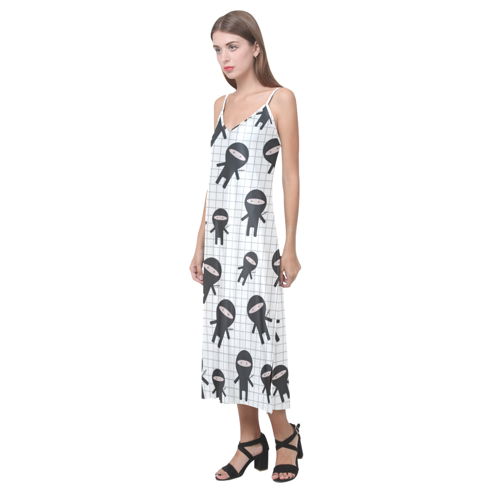 Ninja pattern plaid background V-Neck Open Fork Long Dress