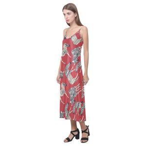 Zebra abstract red background V-Neck Open Fork Long Dress