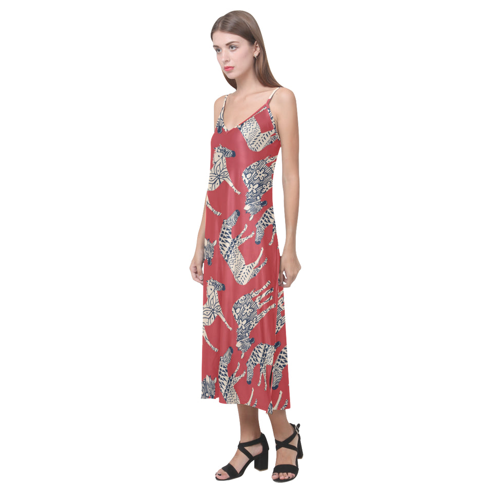 Zebra abstract red background V-Neck Open Fork Long Dress