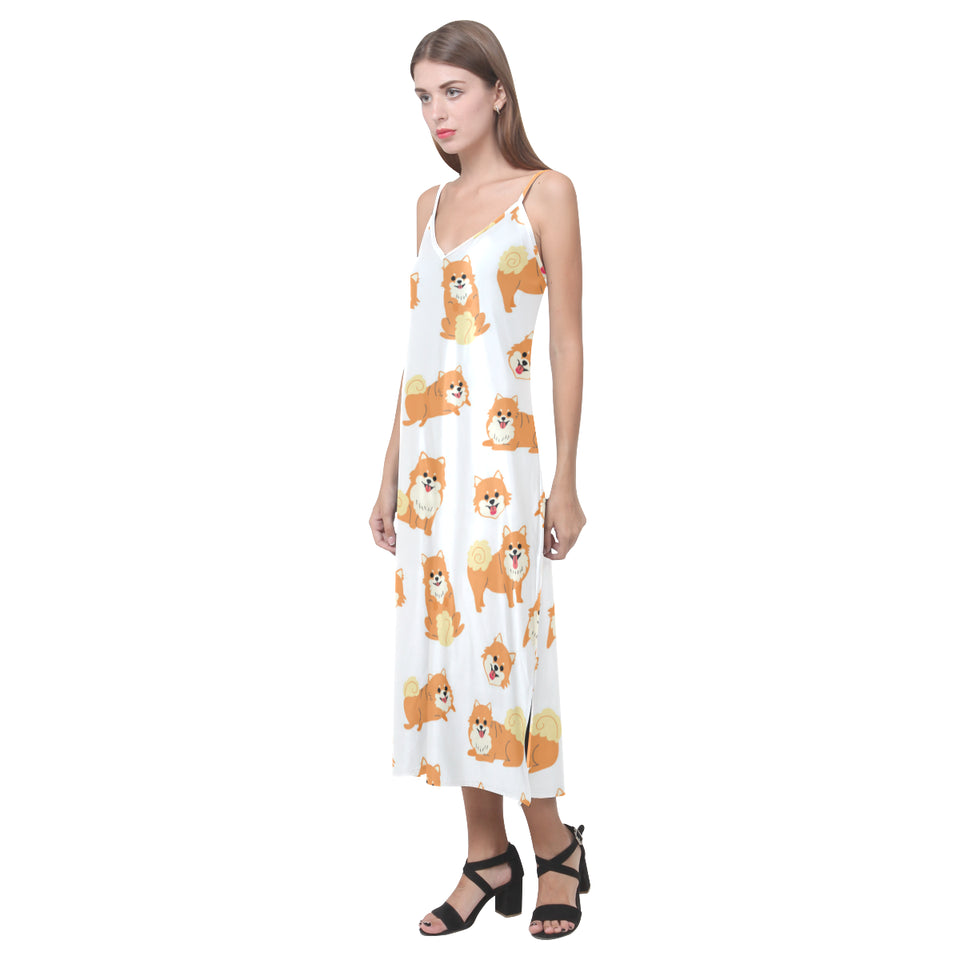 Brown pomeranian pattern V-Neck Open Fork Long Dress