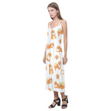 Brown pomeranian pattern V-Neck Open Fork Long Dress