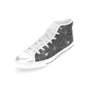 Spider web design pattern Black background white c Women's High Top Canvas Shoes White