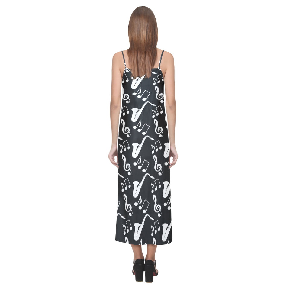 Saxophone music notes treble clef black white them V-Neck Open Fork Long Dress