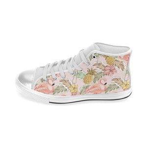 Pink flamingo birds pineapples hibiscus flower pat Women's High Top Canvas Shoes White