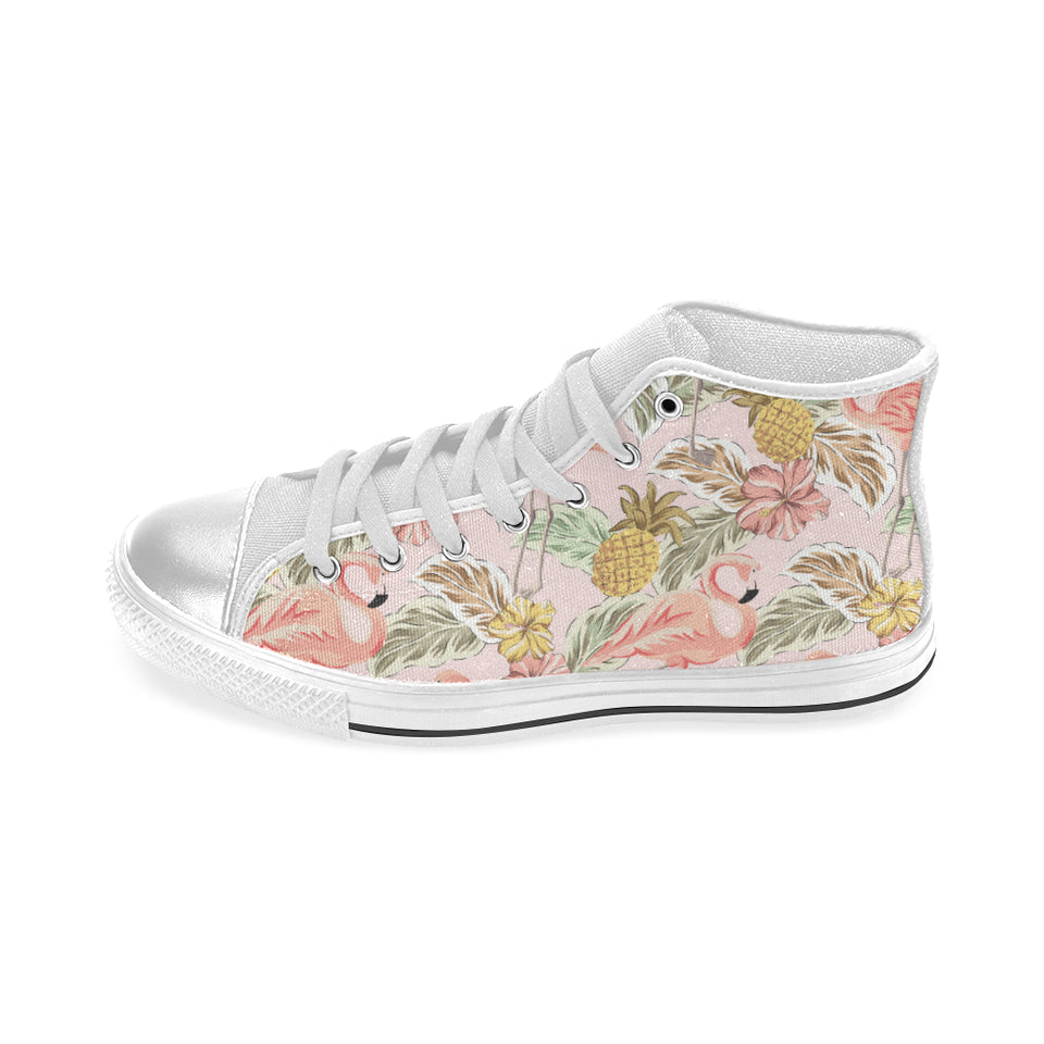 Pink flamingo birds pineapples hibiscus flower pat Women's High Top Canvas Shoes White
