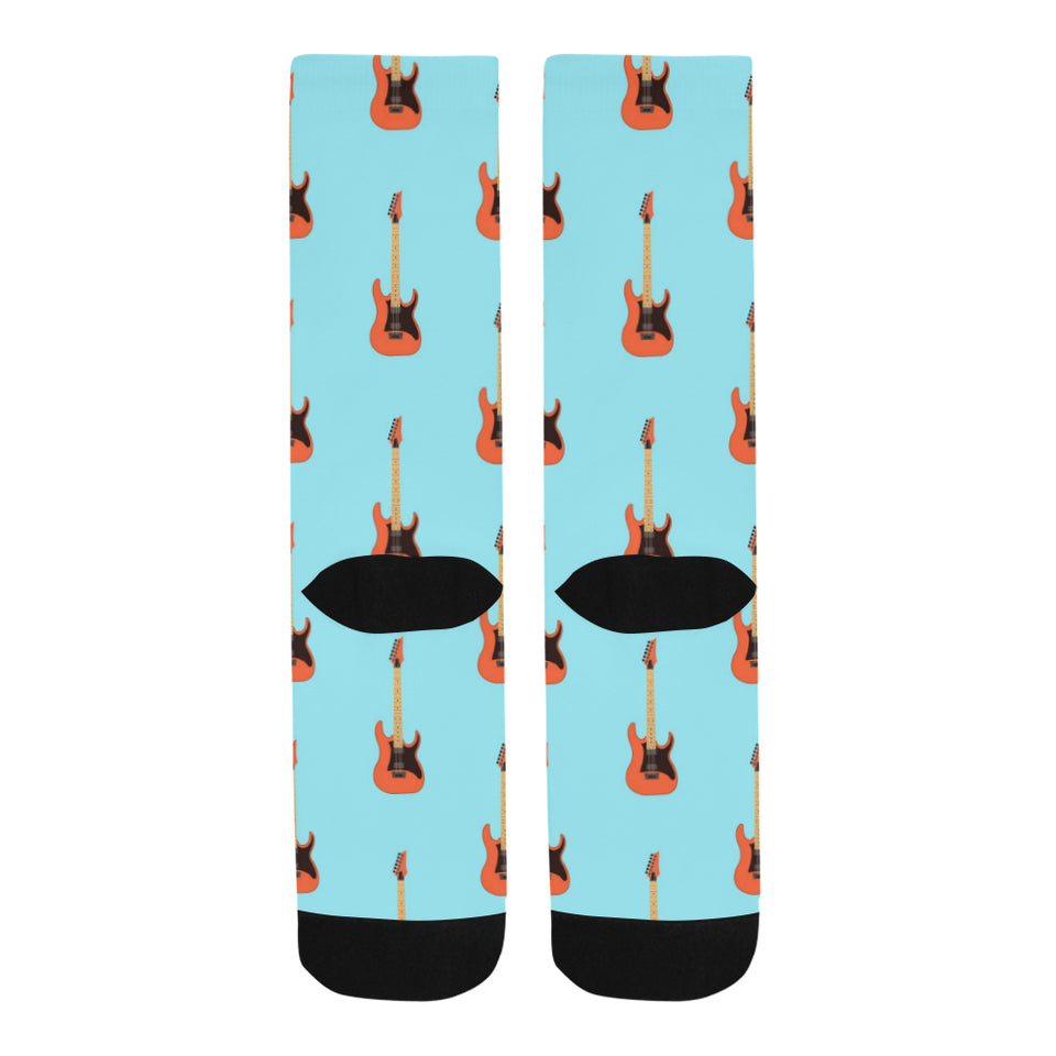 electric guitar pattern light blue background Crew Socks