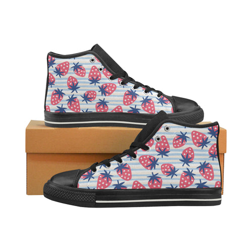 Strawberry pattern blue lines background Women's High Top Canvas Shoes Black