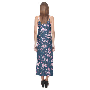 Pink sakura cherry blossom blue background V-Neck Open Fork Long Dress
