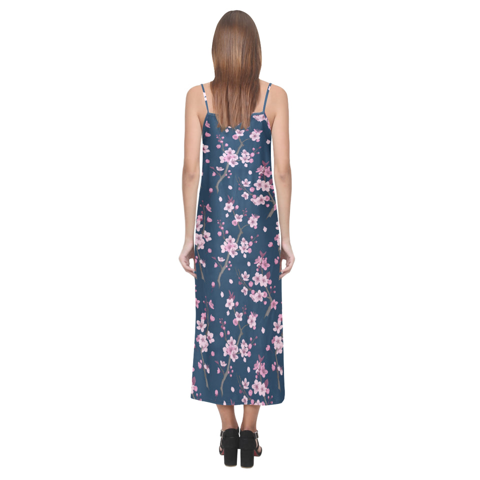 Pink sakura cherry blossom blue background V-Neck Open Fork Long Dress