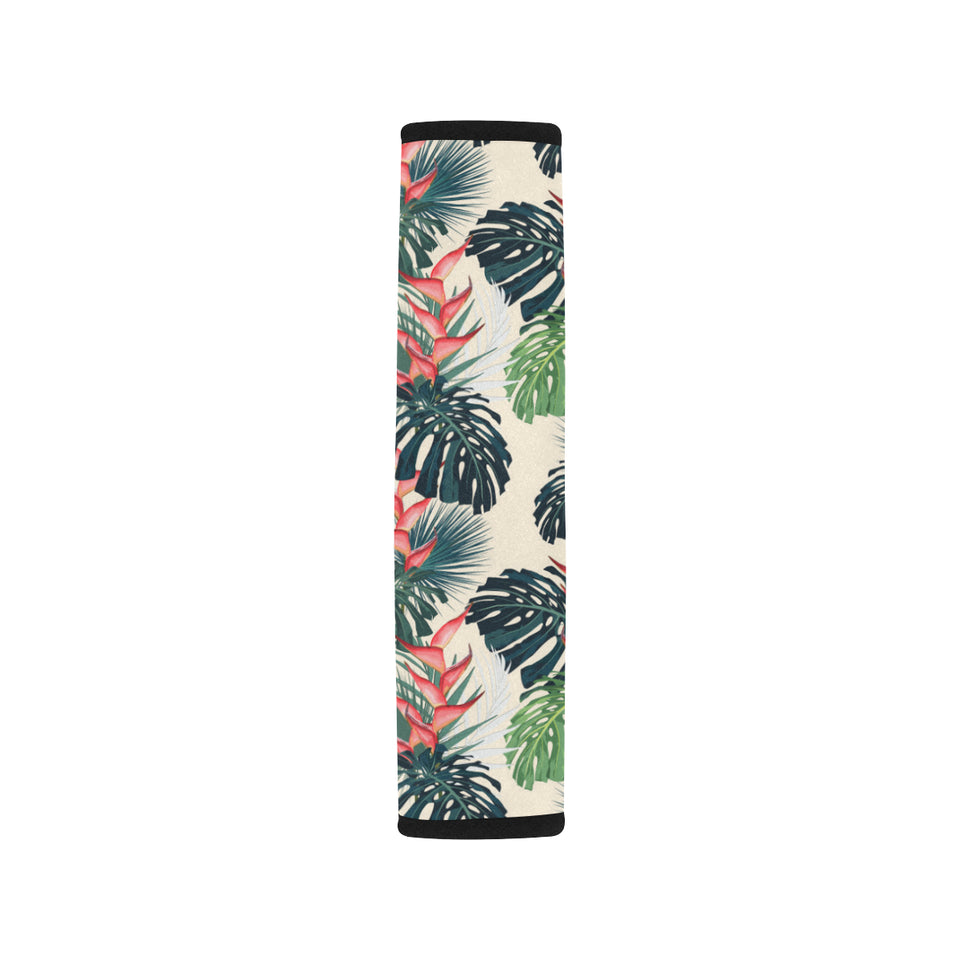 heliconia flowers, palm and monstera leaves Car Seat Belt Cover