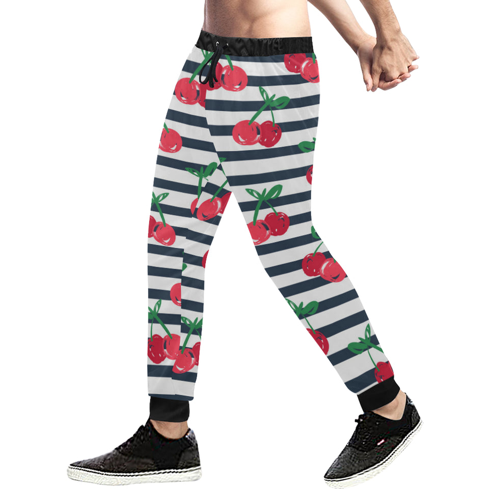 Hand drawn cherry pattern striped background Unisex Casual Sweatpants