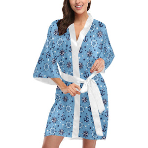 Anchors rudder compass star nautical pattern Women's Short Kimono Robe