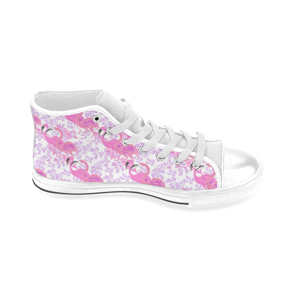 Pink flamingo flower pattern Men's High Top Canvas Shoes White