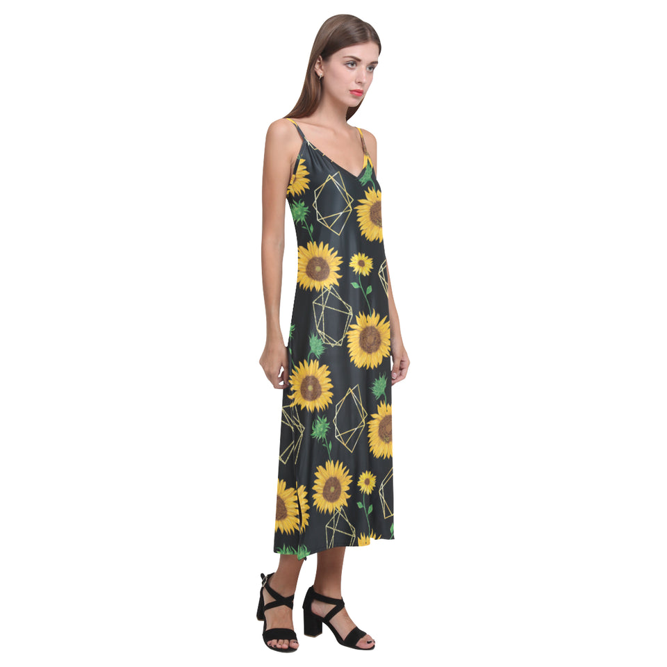 sunflower golden polygonal shapes V-Neck Open Fork Long Dress