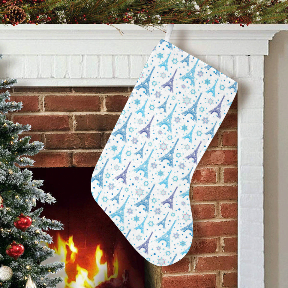 Blue Eiffel Tower Theme Pattern Print Design 01 Christmas Stocking