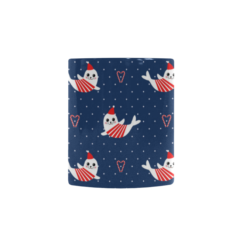 Cute sea lion seal christmas hat candy cane heart Morphing Mug Heat Changing Mug