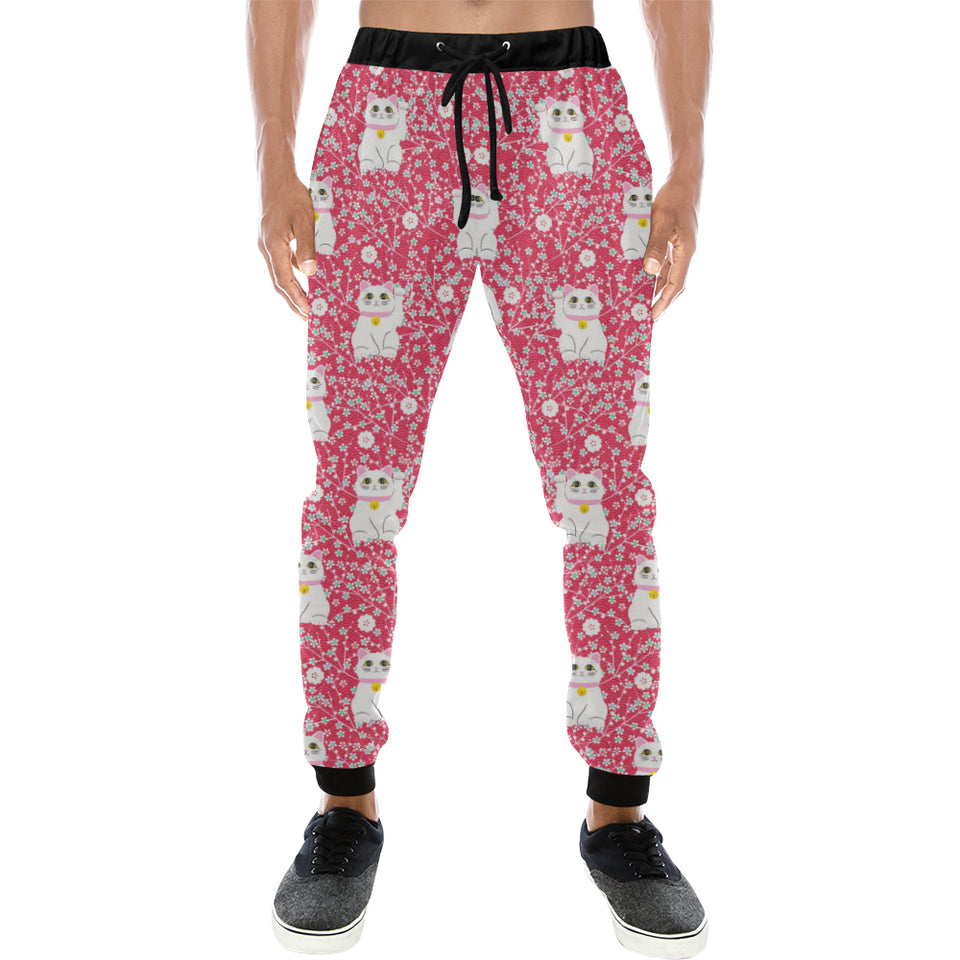 Maneki neko cat sakura pink background Unisex Casual Sweatpants