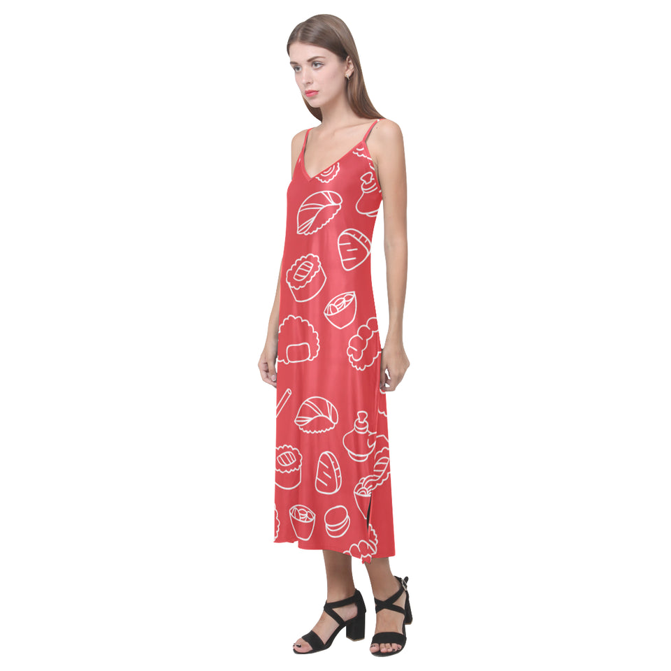 sushi pattern red background V-Neck Open Fork Long Dress