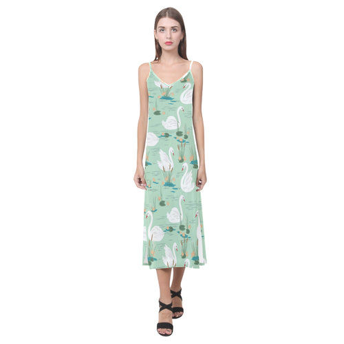 White swan lake pattern V-Neck Open Fork Long Dress