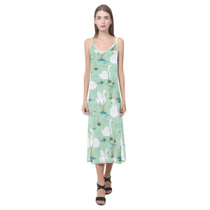 White swan lake pattern V-Neck Open Fork Long Dress