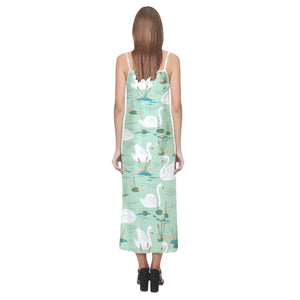 White swan lake pattern V-Neck Open Fork Long Dress