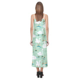 White swan lake pattern V-Neck Open Fork Long Dress