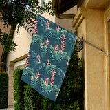 heliconia flowers, palm and monstera leaves on bla House Flag Garden Flag