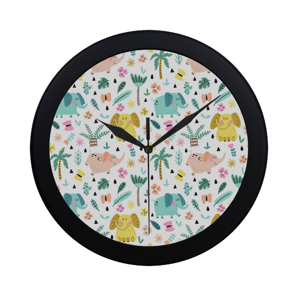 Cute elephants palm tree flower butterfly pattern Elegant Black Wall Clock