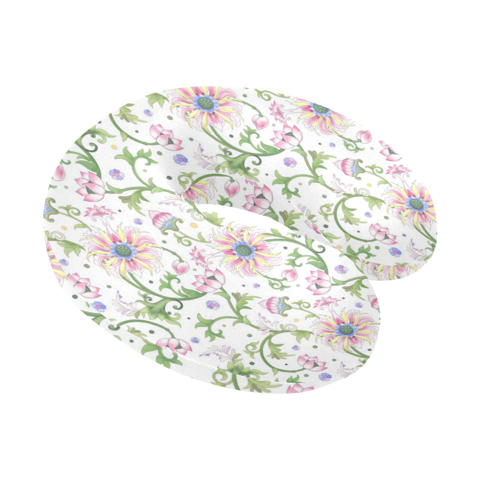 Beautiful pink lotus waterlily leaves pattern U-Shaped Travel Neck Pillow