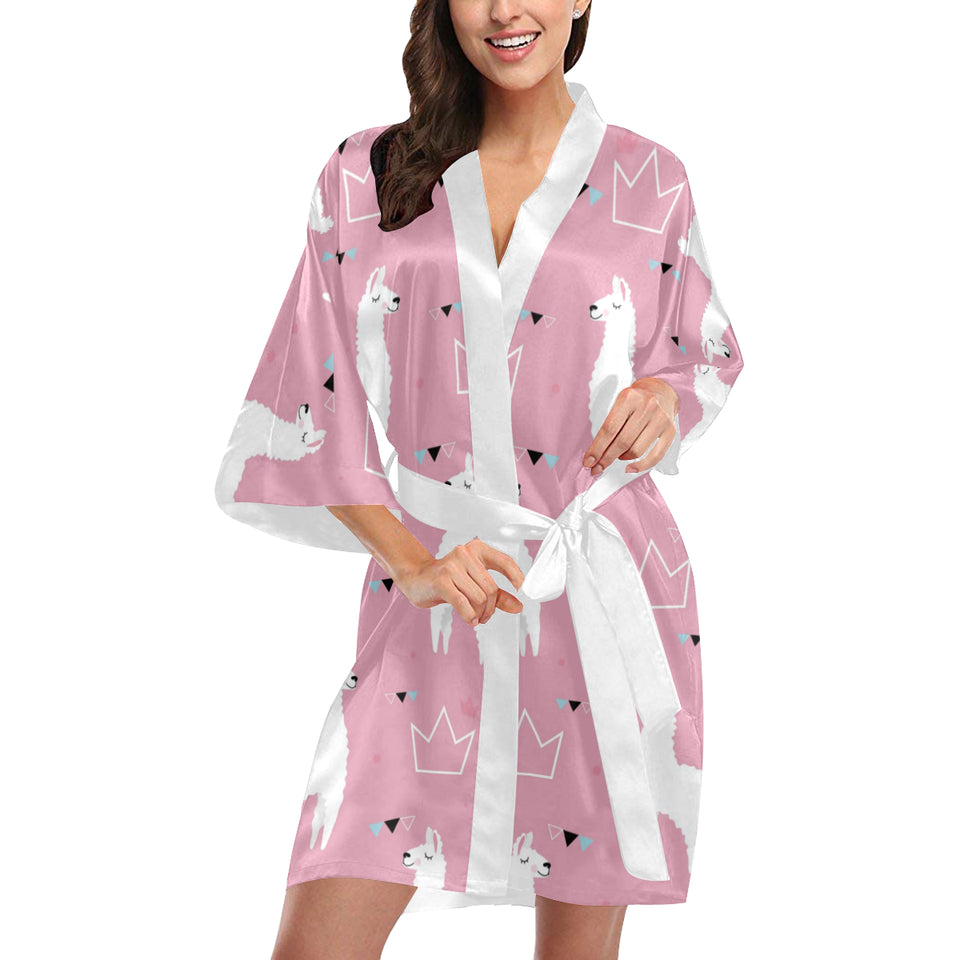 Llama Alpaca pink background Women's Short Kimono Robe