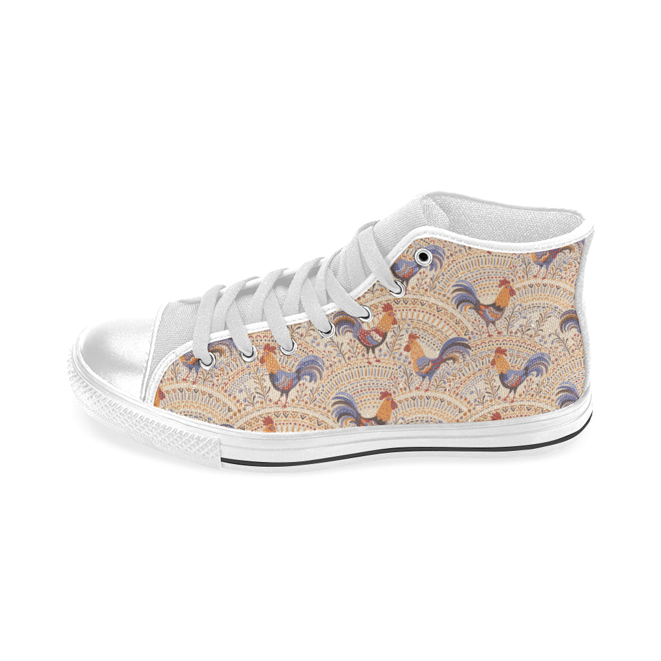 Cute rooster chicken cock floral ornament backgrou Men's High Top Canvas Shoes White