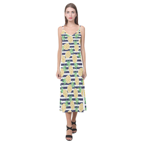 Pineapples pattern striped background V-Neck Open Fork Long Dress