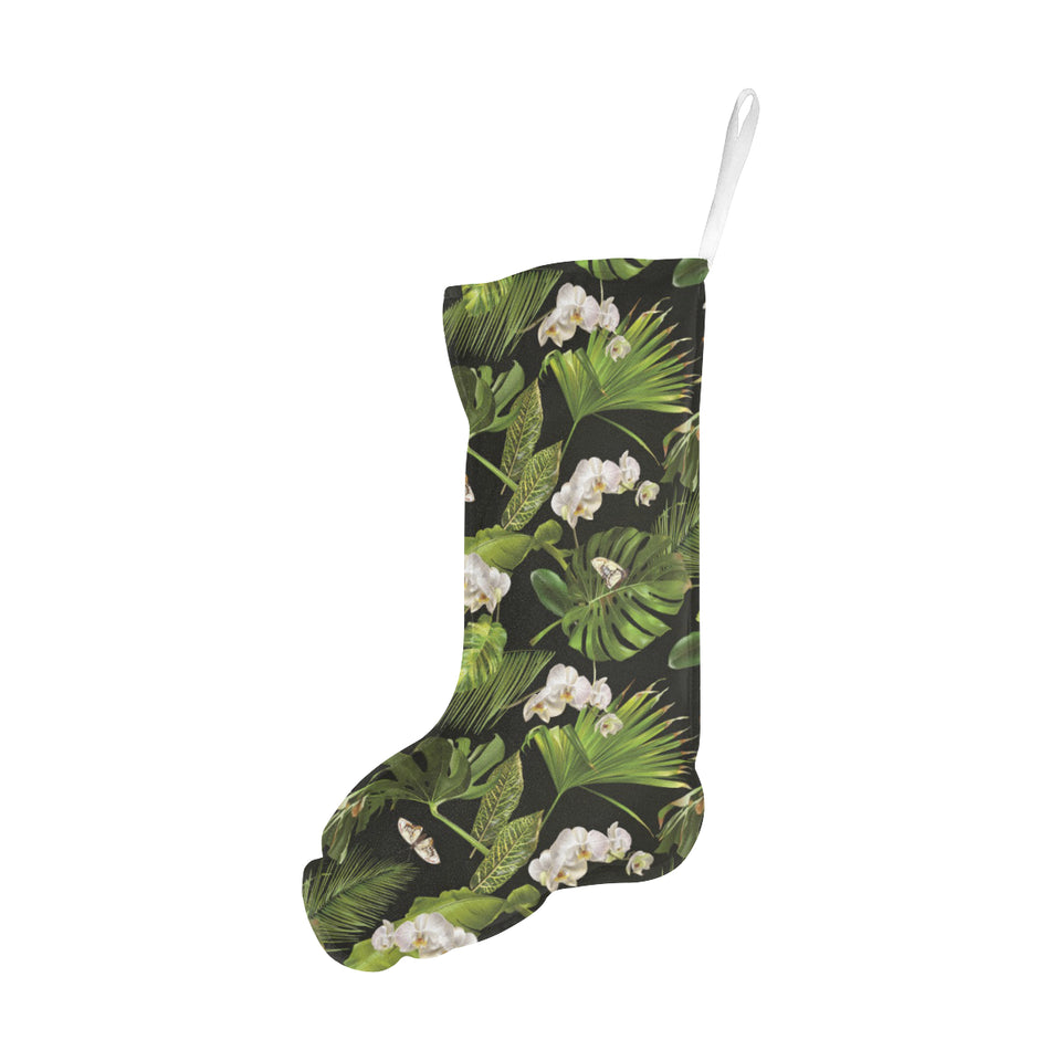 White orchid flower tropical leaves pattern blackg Christmas Stocking