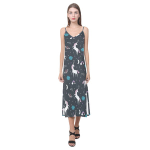 unicorn rainbows moon clound star pattern V-Neck Open Fork Long Dress