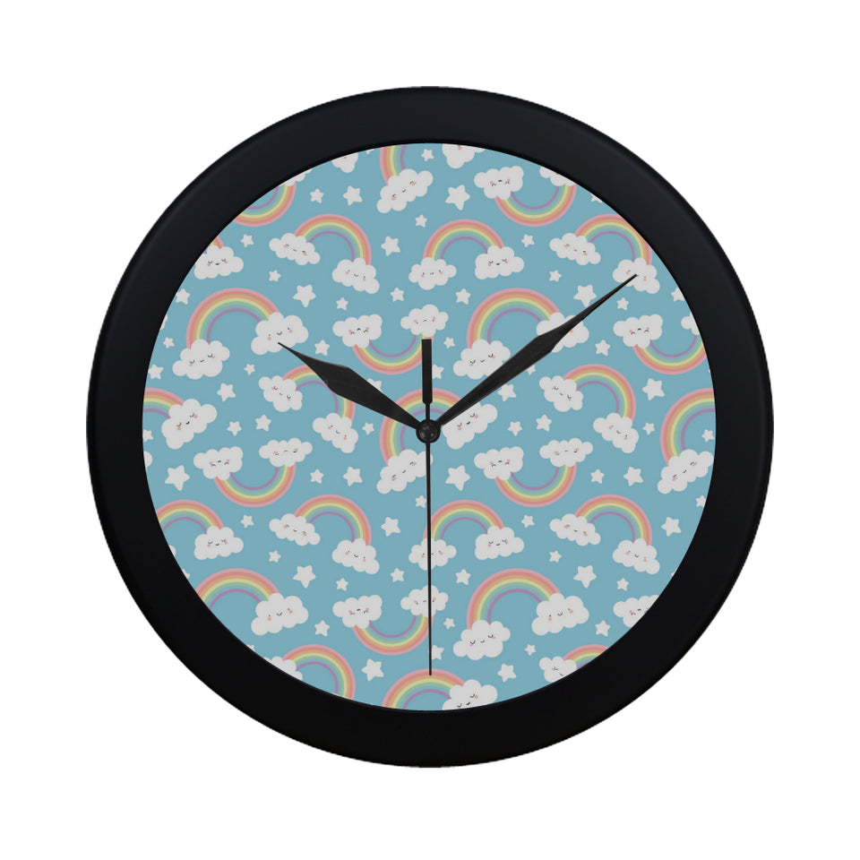 Cute rainbow clound star pattern blue background Elegant Black Wall Clock