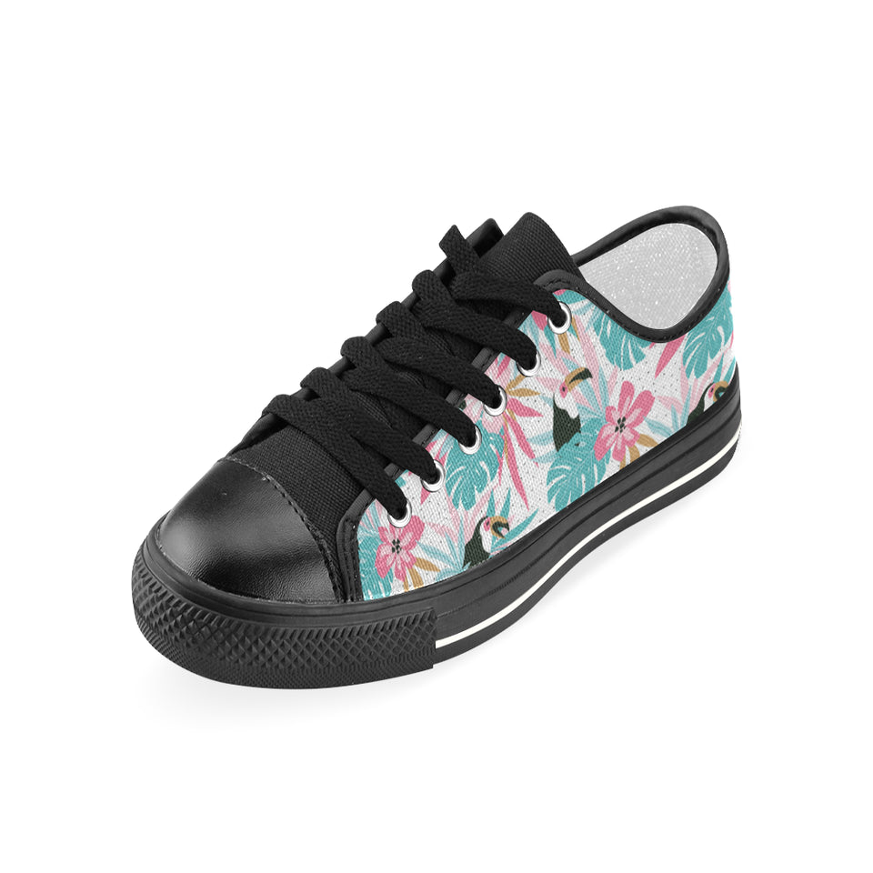 Toucan tropical flower leave pattern Women's Low Top Canvas Shoes Black